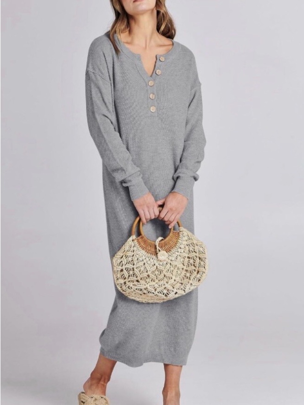 Free People Hailee Grey Button Henley Knit Maxi Dress, size XS, NWT